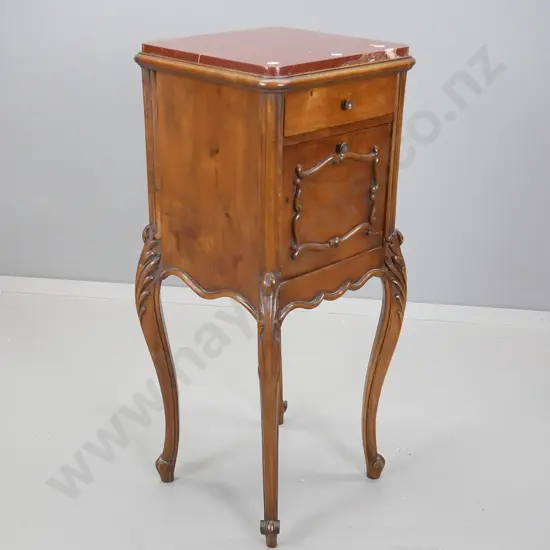 french walnut bedside cabinet, having marble top above single drawer and pull-down front cupboard
