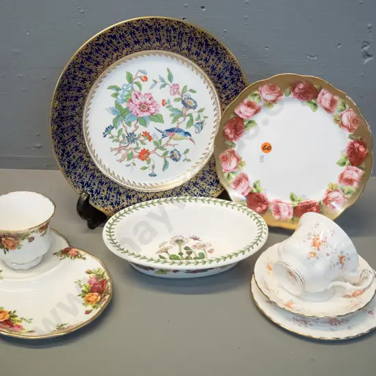 assorted English china: Aynsley cabinet plate, Royal Albert trio and tennis set, Portmeirion small oval baking dish, and