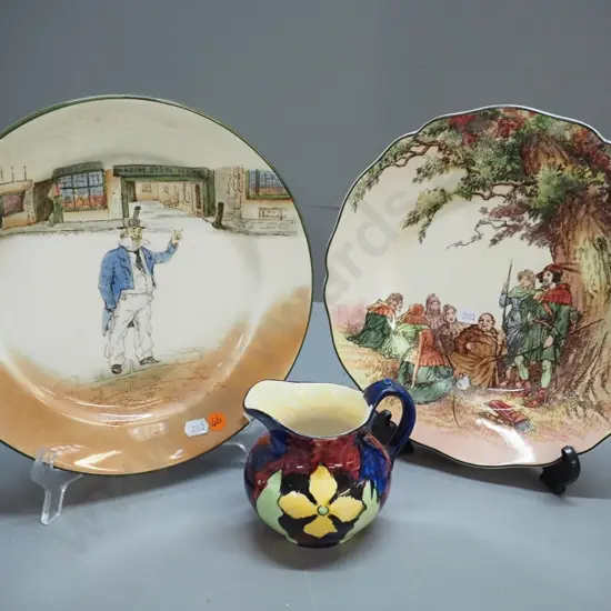 2 Royal Albert cabinet plates - Captain Cuttle and Under the Greenwood Tree D-260 & small Tunstall jug H-110