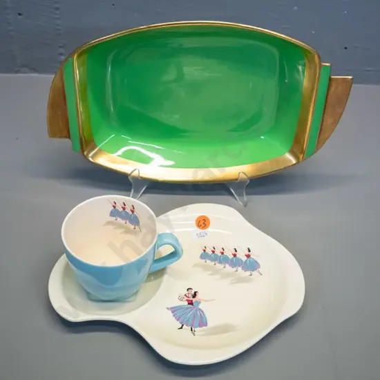 Beswick ballet pattern tennis set and a deco green & gold Carlton serving dish L-270 W-175