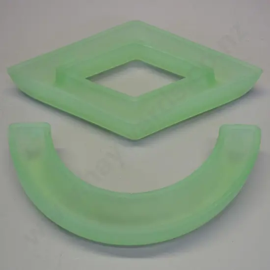2 frosted green uranium glass flower troughs - faint glow under UV. Diamond shaped is L-260 W-140