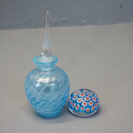 art glass teal blue stoppered scent bottle H-160 and a small paperweight