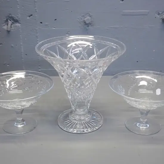 3 cut crystal items - large trumpet vase H-200 D-200 and 2 Webb-Corbett comport dishes