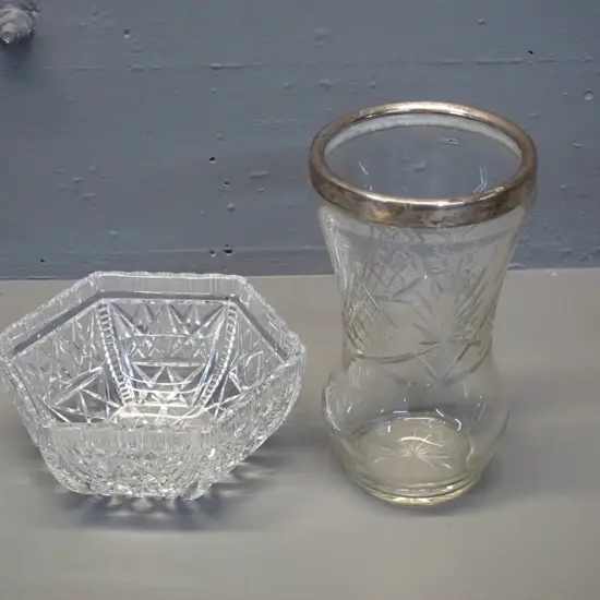 2 cut crystal items - vase with sterling silver rim H-210 D-120 and a hexagonal vase