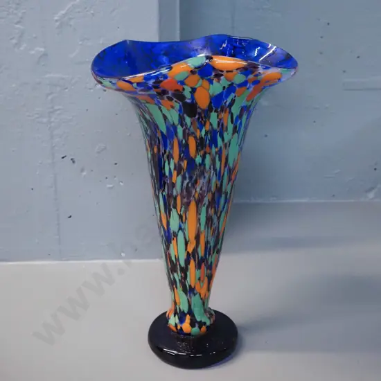 art glass vase - blue base and inner with multi-coloured stipple pattern H-270 D-165