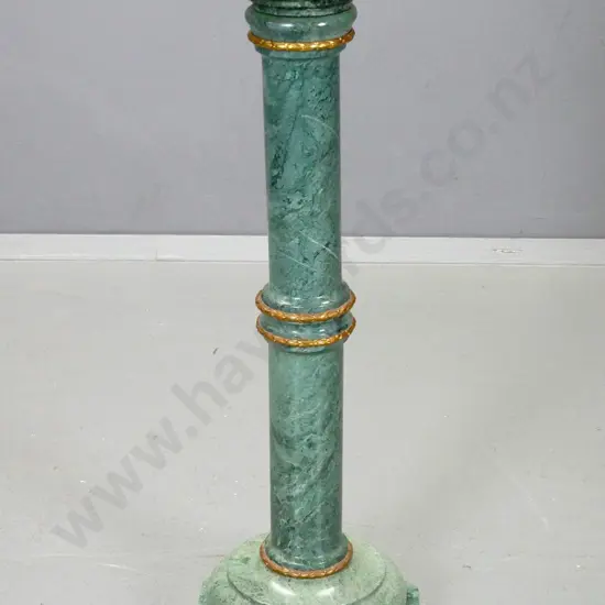 green marble column display stand, brass bands - needs tightening, all sections loose. H-820 Top is D-260