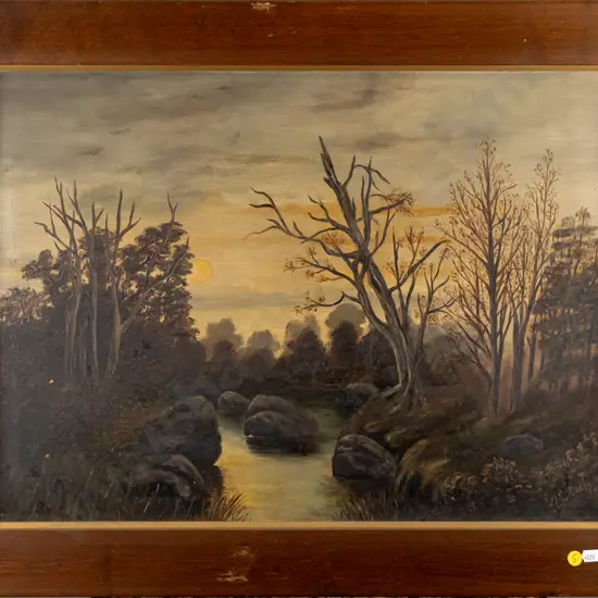 D.G. Ridley - framed oil - tree and river scene. H-450 W-600 - some aging to paint