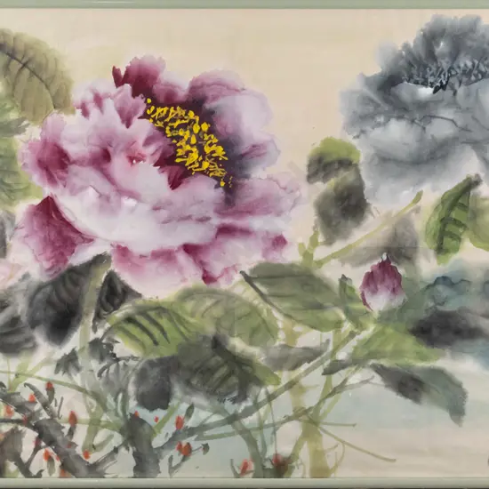 framed Asian watercolour - flowers H-390 W-460 (some creasing) H-320 W-4600