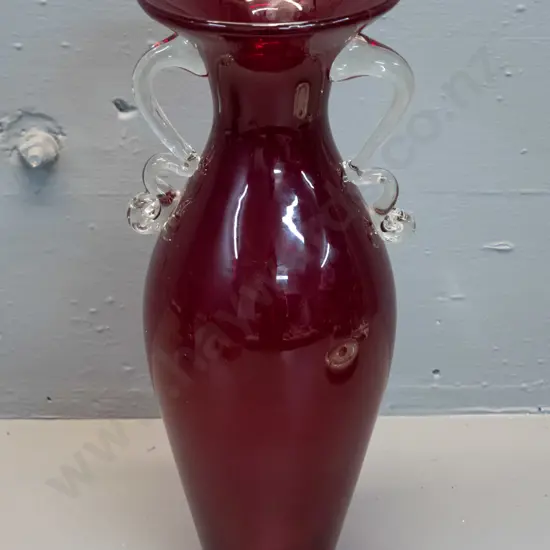art glass vase - red glass with clear handles H-360