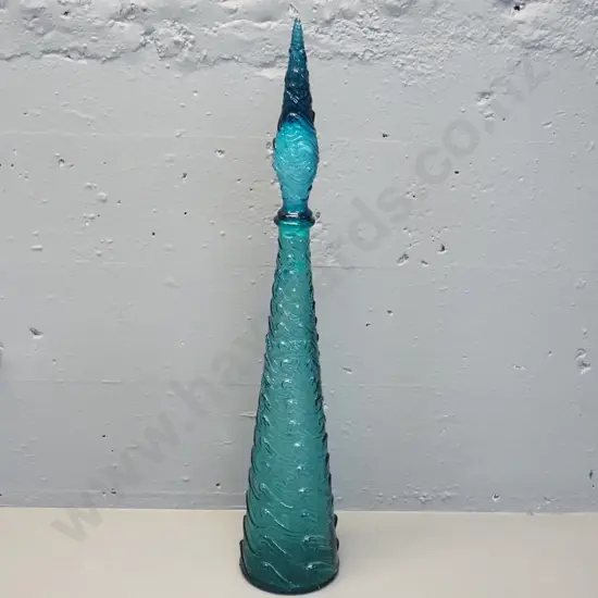 retro moulded turquoise glass genie bottle - plastic stopper liner decaying H-575 D-100 at base