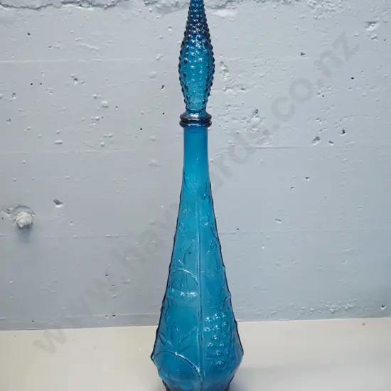 blue moulded glass stoppered genie bottle with fruits pattern H-570 D-130