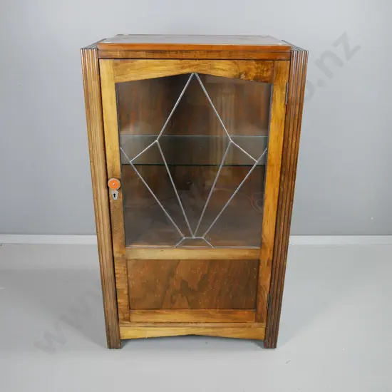 deco beech display cabinet with leadlight door, glazed sides, interior cupboard, 1 glass shelf H-1130 W-665 D-375