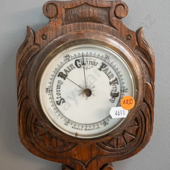 vintage carved oak wall barometer - H-220 W-160