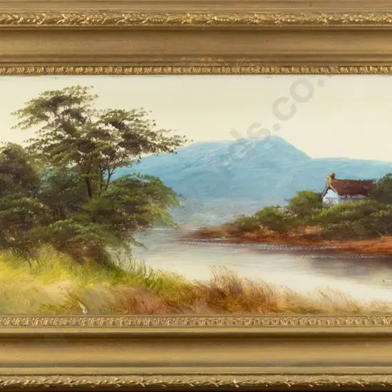 illegible signature - gilt framed oil - river scene H-220 W-460