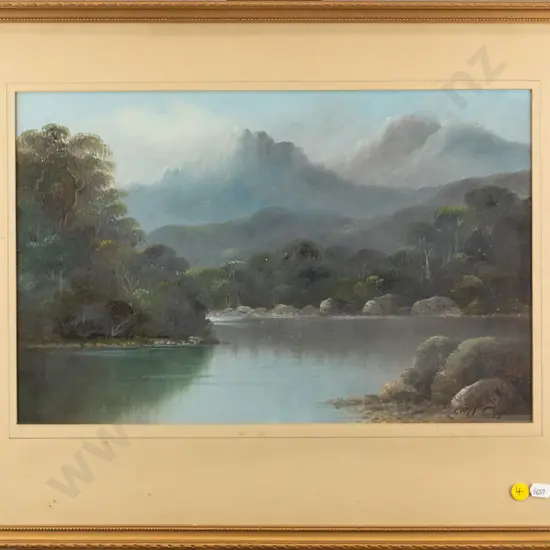 Chas Young 1913 - framed watercolour - lake and mountain scene H-270 W-420 (some foxing to mat)