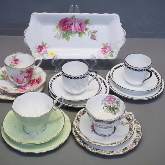 selection of Royal Albert trios, American Beauty sandwich plate