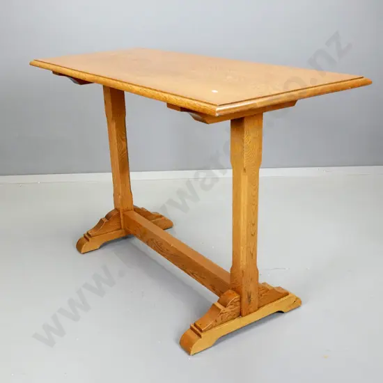 arts & crafts oak stretcher base side table on shaped feet H-780 W-1220 D-500