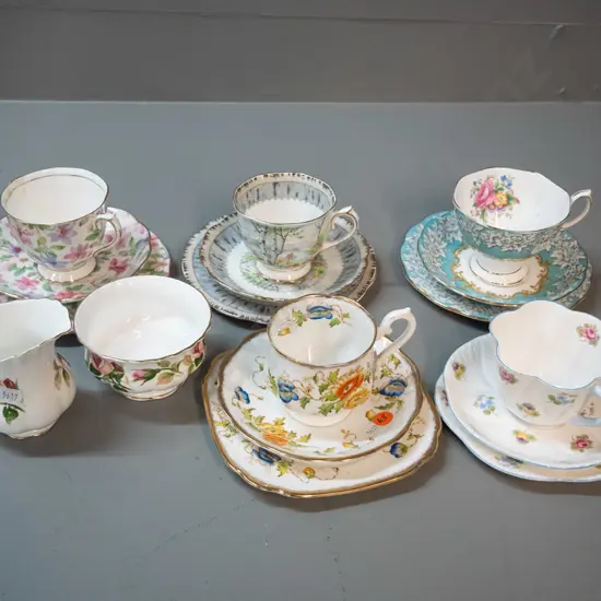 English china teaware - 4 Royal Albert trios, cream & sugar, and a Shelley trio