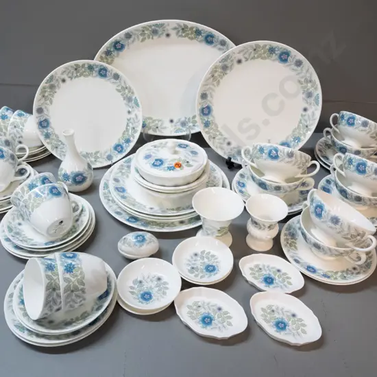 Wedgwood "Clementine" china tableware - varying numbers: 8 trios, 8 soup & saucer, 2 dinners, 4 entrees, vases, trinket,
