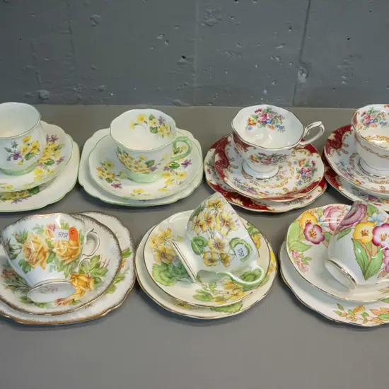 7 trios including 6 Royal Albert - Primulette, Canterbury, Tea Rose etc - and one Salisbury