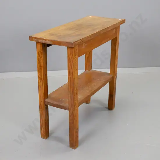 oak side table on square section legs with shelf, surface needs attention H- 620, W- 610, D- 250