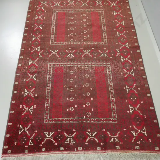 large hand-knotted wool floor rug - red, brown & cream - some fading L-2480 W-1620