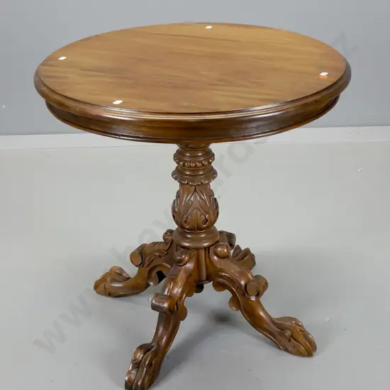 reproduction round occasional table with heavily carved pedestal base H-610 D-600