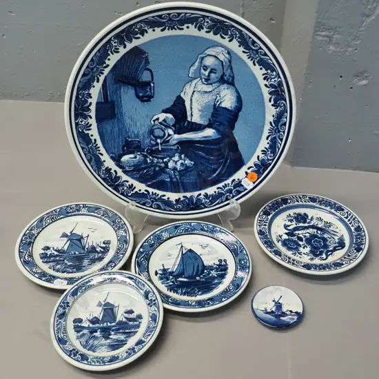 6 pieces of blue & white Delft ware - large plate is D-300