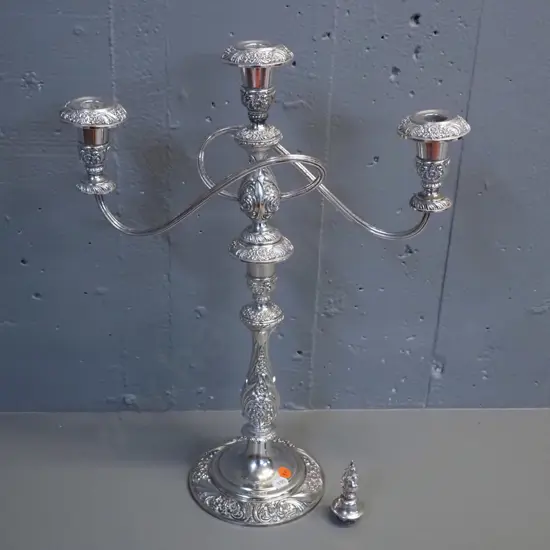 3-candle silver-plated tall candelabra with one stopper - slightly loose stem connection H-520 W-360