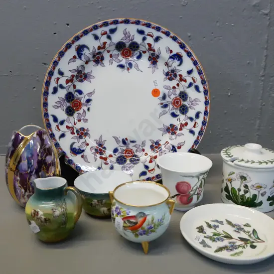 Portmeirion lidded jam pot, dish, early Wedgwood cabinet plate D-260, Worcester footed bowl, Royal Bayreuth