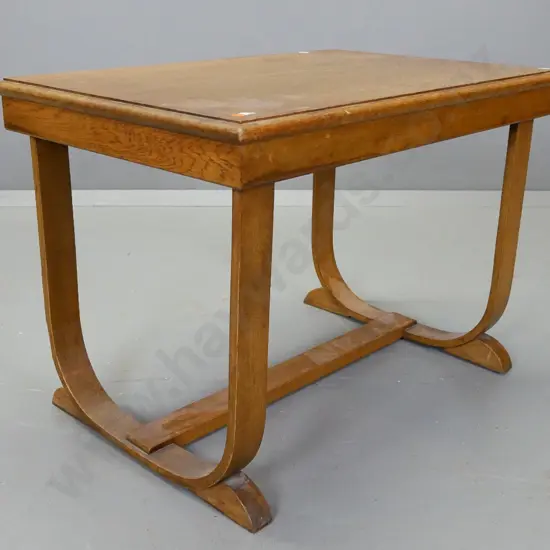 vintage oak stretcher base coffee table with bent wood ends, marks to surface on top H-500 W-700 D-470