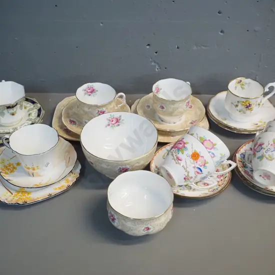 assorted English china - 4 trios, 5 cups & saucers, 2 sugar bowls - Royal Albert, Minton, and Fenton