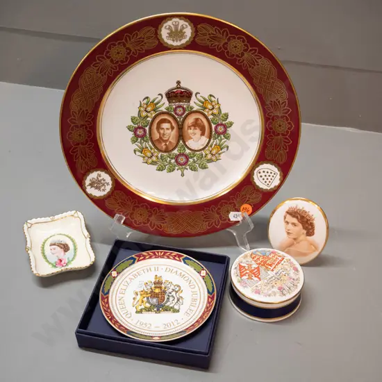 various English Royal commemorative china - Spode Charles & Di plate D270, Royal Crown Derby & Tuscan QEII, etc