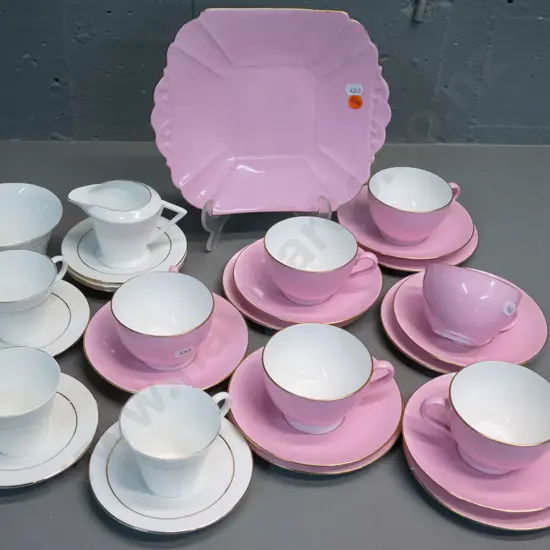 Shelley tea ware - part pink glaze tea set, part white & gilt stripe coffee set