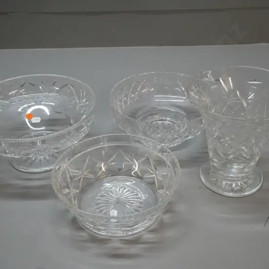 4 pieces English cut crystal: 3 salad bowls, one is footed comport, no maker's marks, and large Webb Corbett flower vase