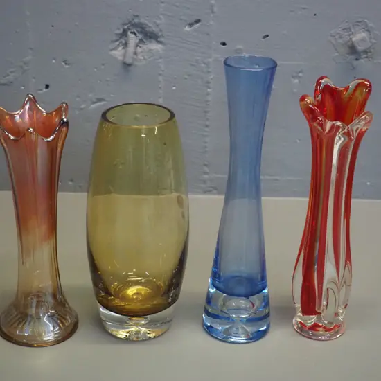 4 glass vases - two frilled rim, one is carnival glass, etc. - tallest H-250