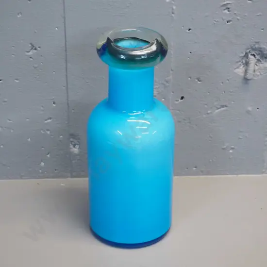art glass vase - teal & clear bottle vase with clear rim H-280