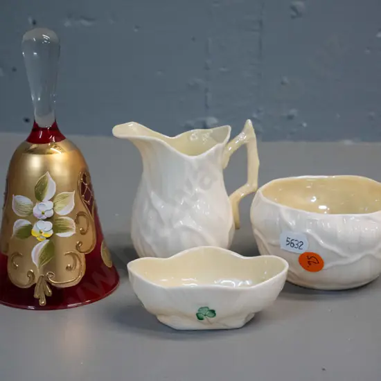 3 pieces of Belleek green mark - small jug and 2 bowls - and a Murano red Venetian glass bell H-150