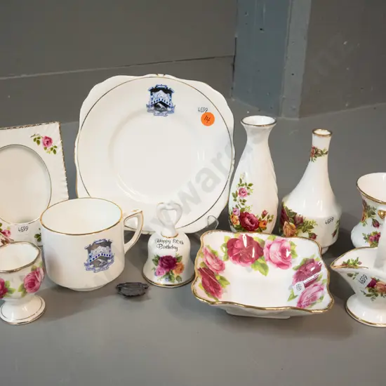 assorted bone china including Royal Albert, Grafton New Plymouth Boys' High plate, cup and badge, Royal Crown Derby, etc