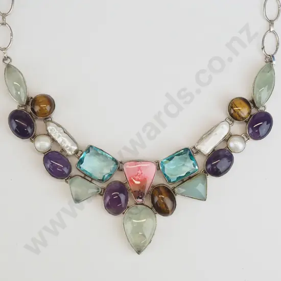 silver multi coloured large stone necklace stamped 925