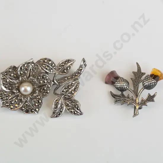 silver plated marcasite/pearl flower brooch [no pin] & silver thistle brooch