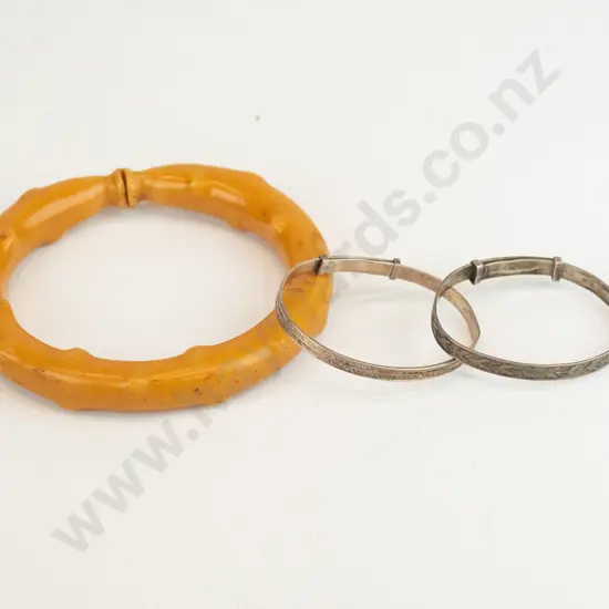 2  babys silver bangles both stamped & baby teething ring