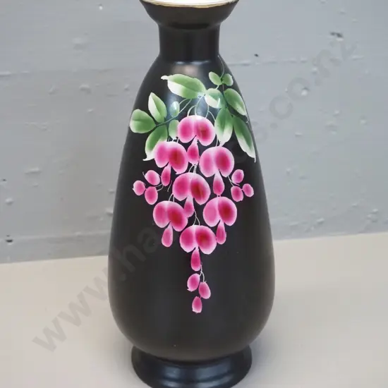 hand-painted vase - floral on black, no maker's marks H-260 D-120 at widest