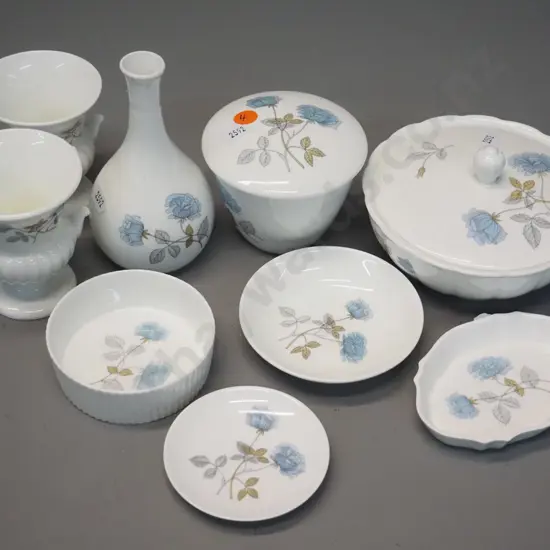 collection of Wedgwood "Ice Rose" pattern small china items - 3 vases, 3 pin dishes, ramekin, 2 lidded pots. Tallest