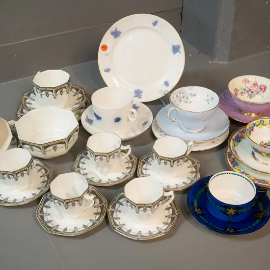 assorted English tea ware including Shelley trio and cup & saucer, Hammersley trio, part Royal Doulton Claremont coffee