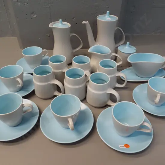 Poole blue and grey coffee and teaware - two pots, 6 cups & saucers, 6 mugs