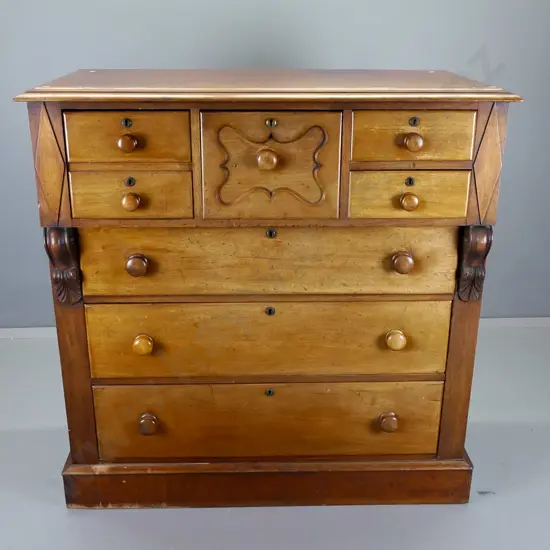 antique cedar 7-drawer Scotch chest, 2-tone finish with lighter drawer fronts, key escutcheons, no key, One drawer has