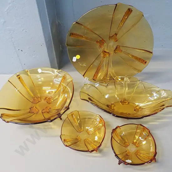 amber depression glass serving ware - plate D-280 and 4 bowls - 2 large and 2 small