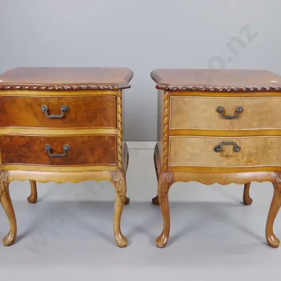pair of reproduction walnut 2-drawer bedside cabinets with cab legs with foliate knees - marks to finish on top H620