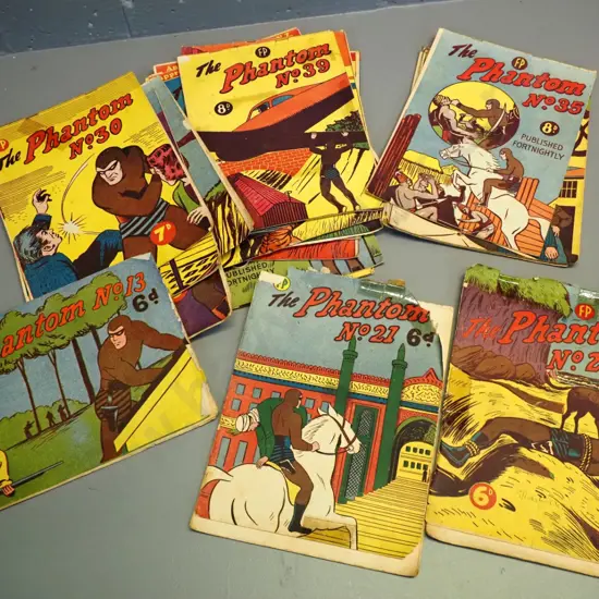 various early New Zealand issue Phantom comics - earliest is No. 13, latest is No. 50 - musty, staining and tears